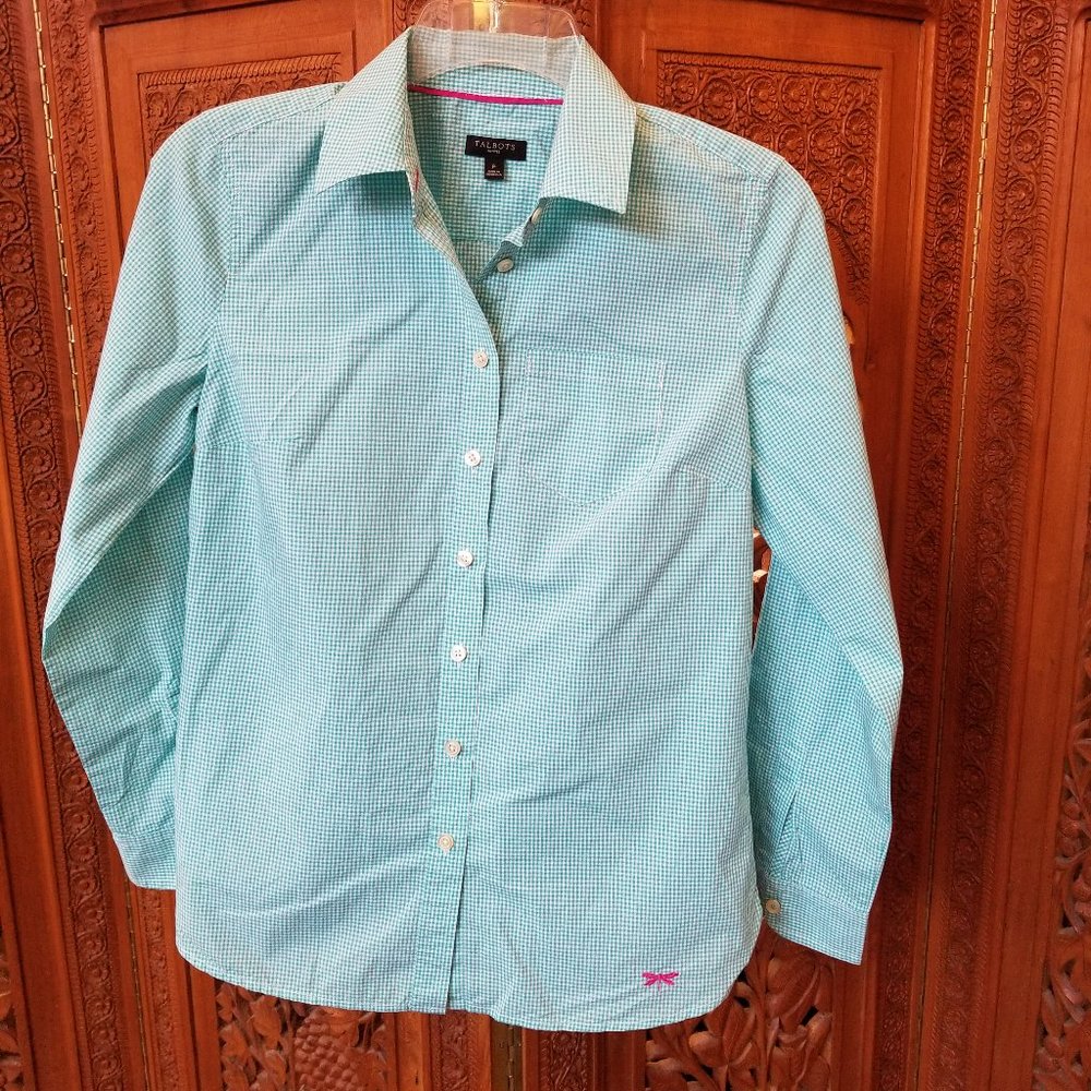 Talbots petite light green gingham button down shirt